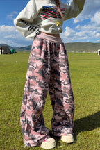 Pink Camouflage Drawstring Wide Leg Pants
