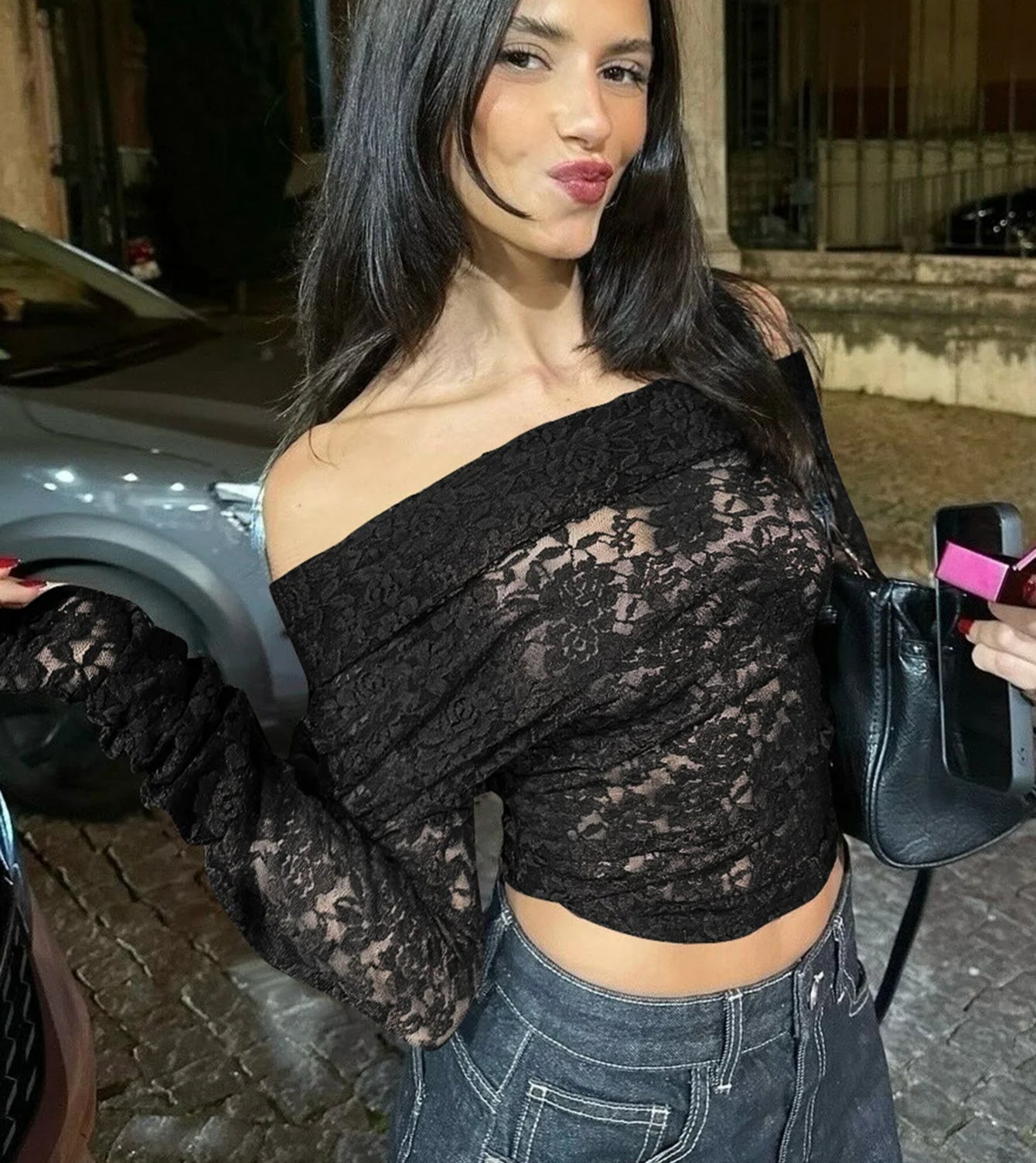 Skew Collar Lace Crop Sheer Top Secondary image