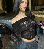 Skew Collar Lace Crop Sheer Top