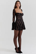 Tie Waist Bell Sleeve A Line Lace Dress