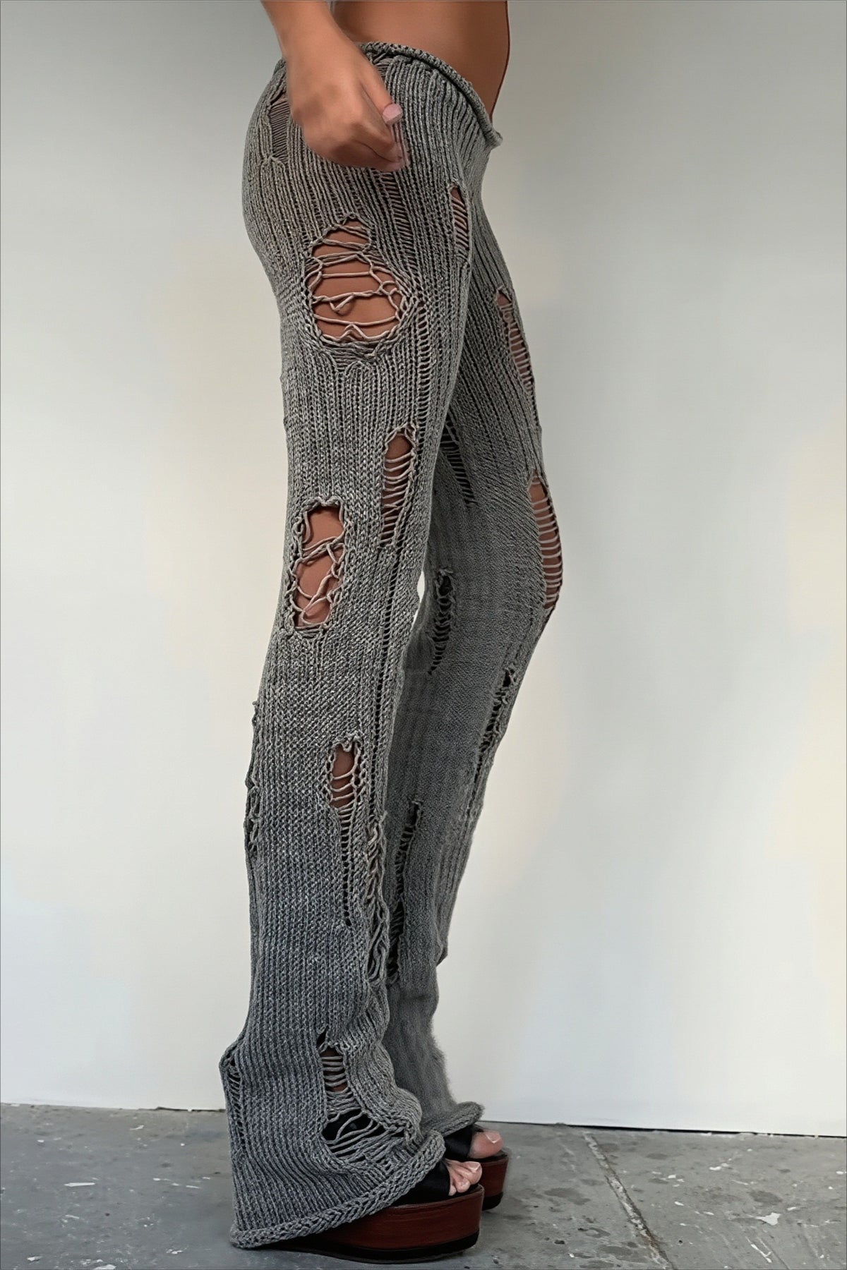 Distressed Ribbed Knit Flared Pants