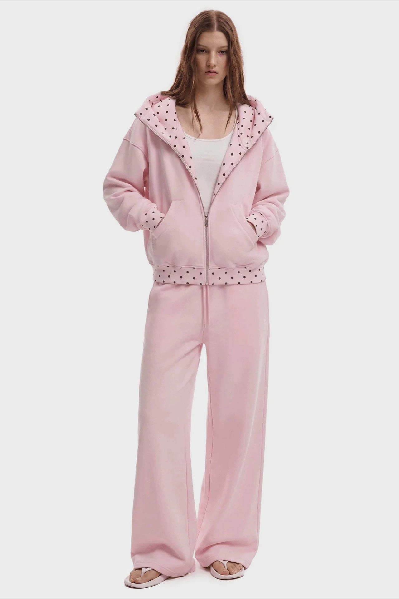 Polka Dot Trim Zip Front Wide Leg Hoodie Secondary image