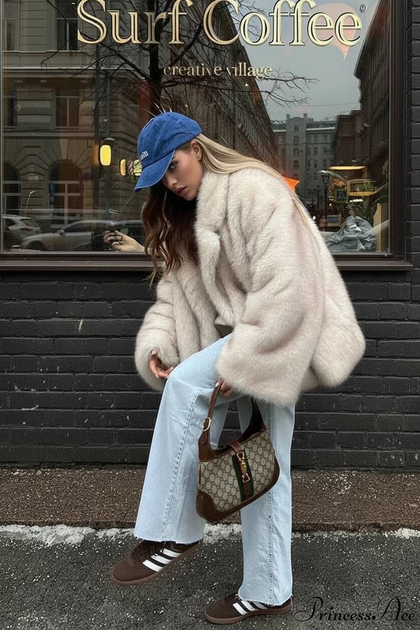 White Tip-Dyed Faux Fox Fur Mid-Length Coat Secondary image