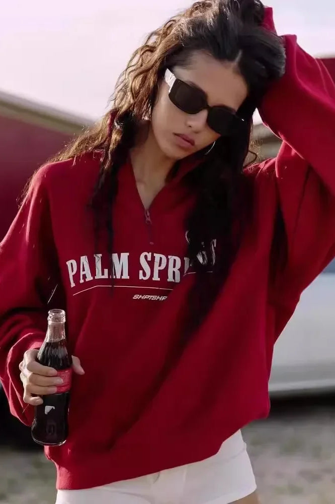 Letter Print Half Zip Hoodie Secondary image