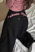 Embroidered Letter High Waist Wide Leg Jeans