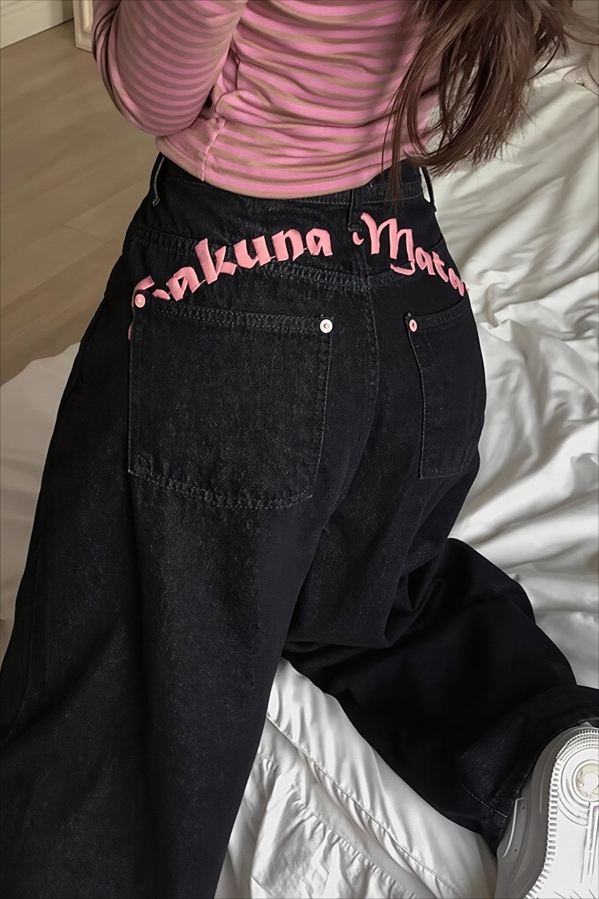 Embroidered Letter High Waist Wide Leg Jeans