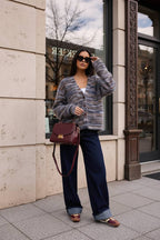 New Retro Fashion Deep V-Neck Maillard Plush Long-Sleeve Knit Cardigan