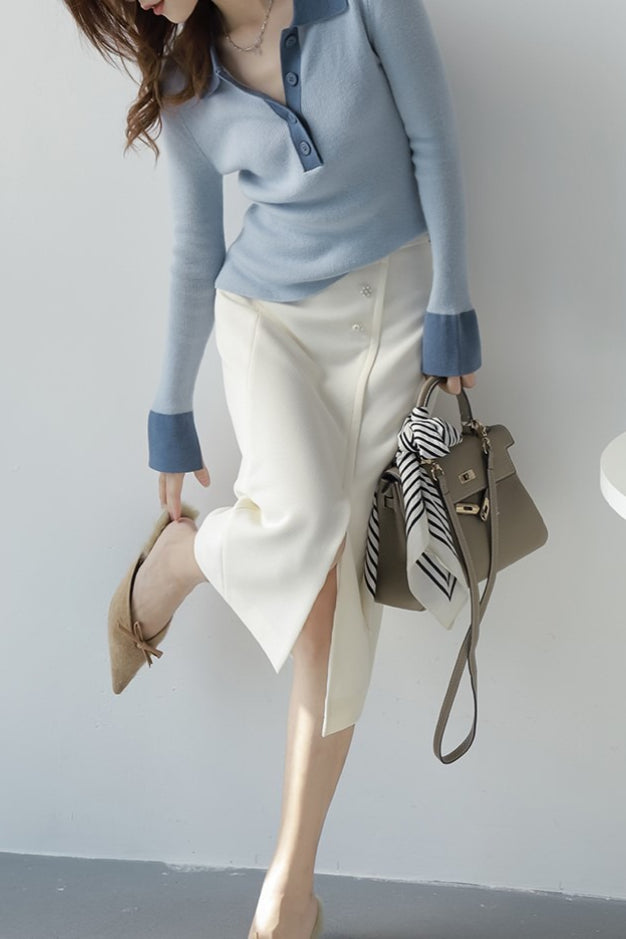 Polo Collar Contrast Cuff Knit Top Secondary image