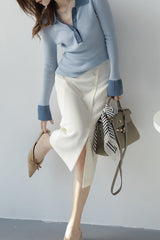 Polo Collar Contrast Cuff Knit Top