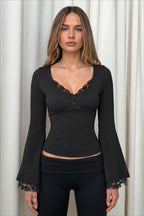 Lace Trim Button Front Bell Sleeve T-shirts
