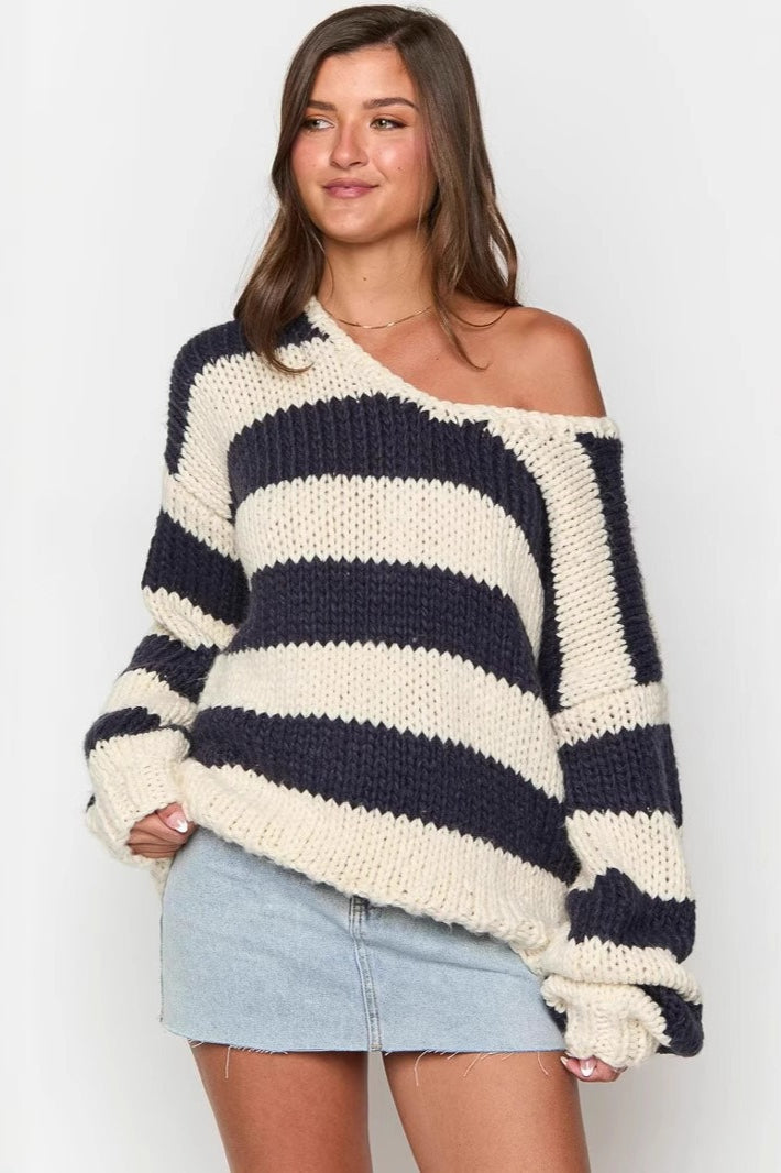 Striped Off Shoulder Knit Sweater Main image