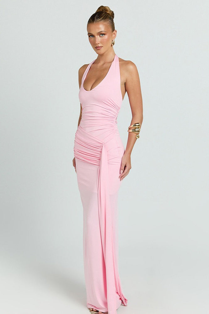 Deep V Halter Ruched Mermaid Party Dress