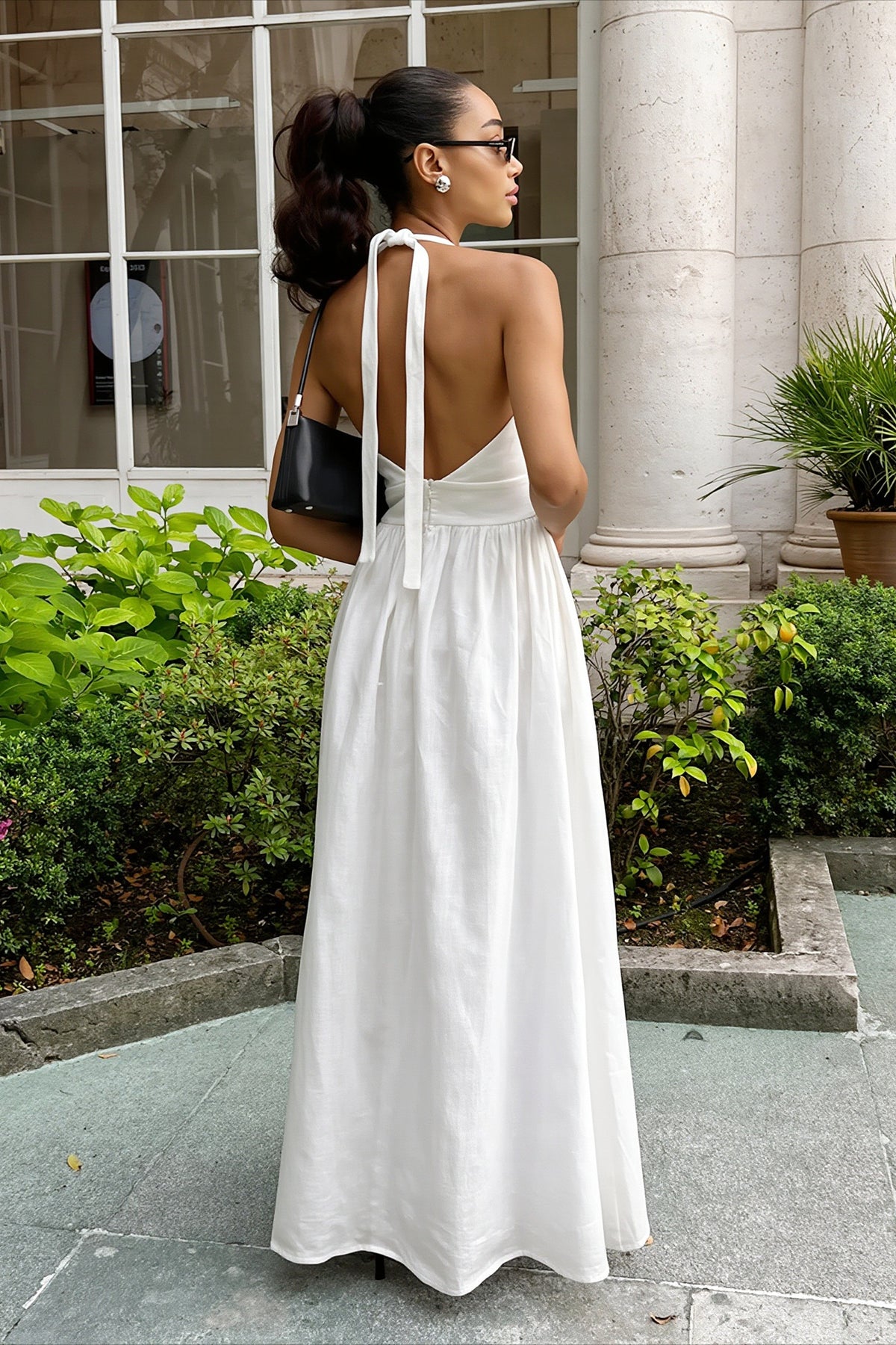 Halter Tie Waist Full Skirt Cotton Maxi Dress