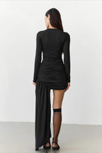 Mock Neck Ruched Asymmetric Panel Mini Dress
