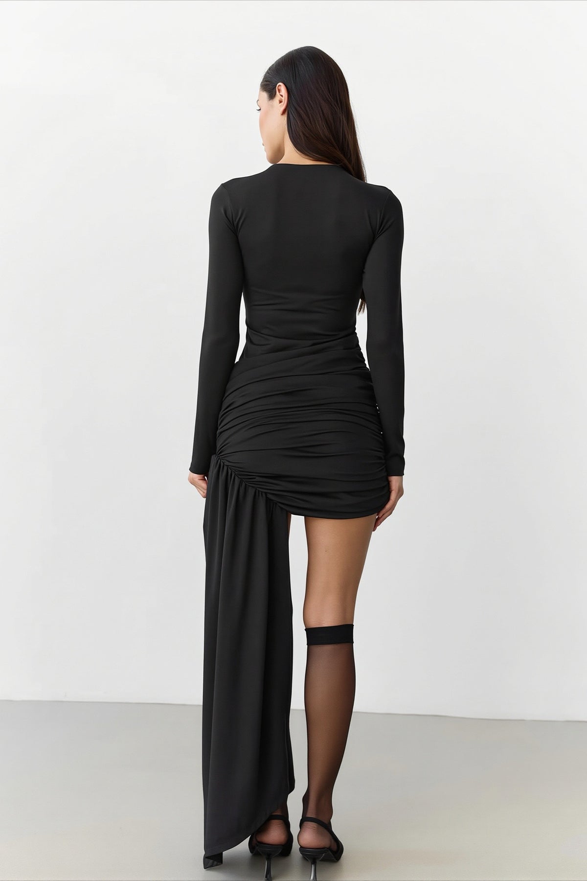 Mock Neck Ruched Asymmetric Panel Mini Dress