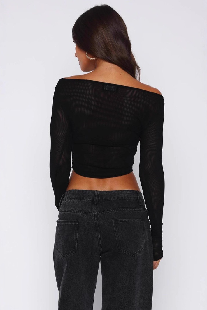 Solid Off Shoulder Sheer Mesh Crop Top Secondary image
