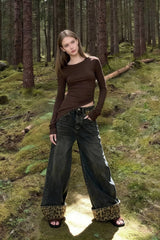 Retro Leopard Print Wide Leg Jeans