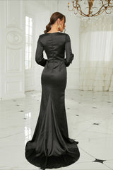 Sexy Elegant Long Sleeve Satin Crew Neck Split Formal Dress