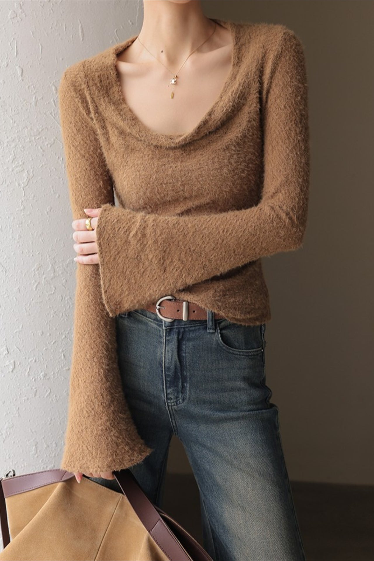 Retro Draped Cowl Neck Long Sleeve Top Main image