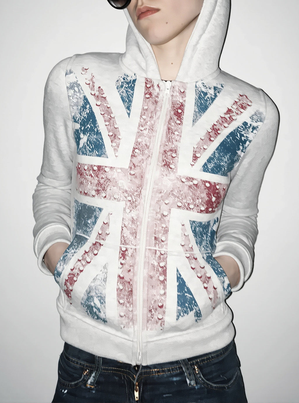 Distressed Union Jack Rhinestone Full Zip Hoodie