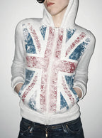 Distressed Union Jack Rhinestone Full Zip Hoodie