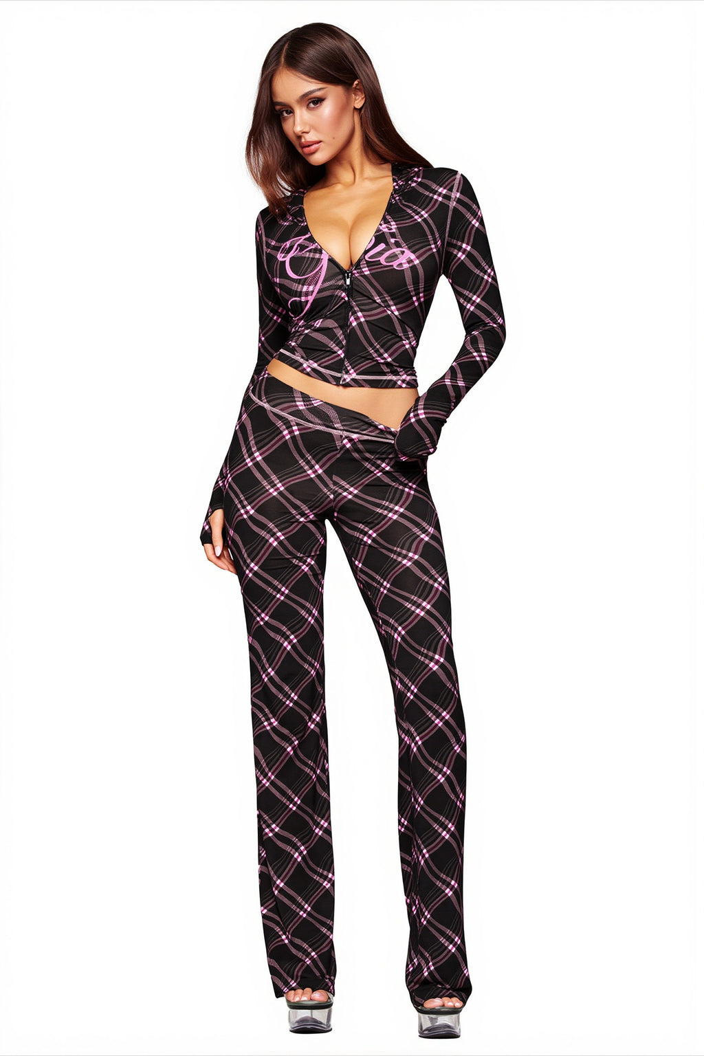 Graphic Zip Hoodie Flared Pants Two Piece Set