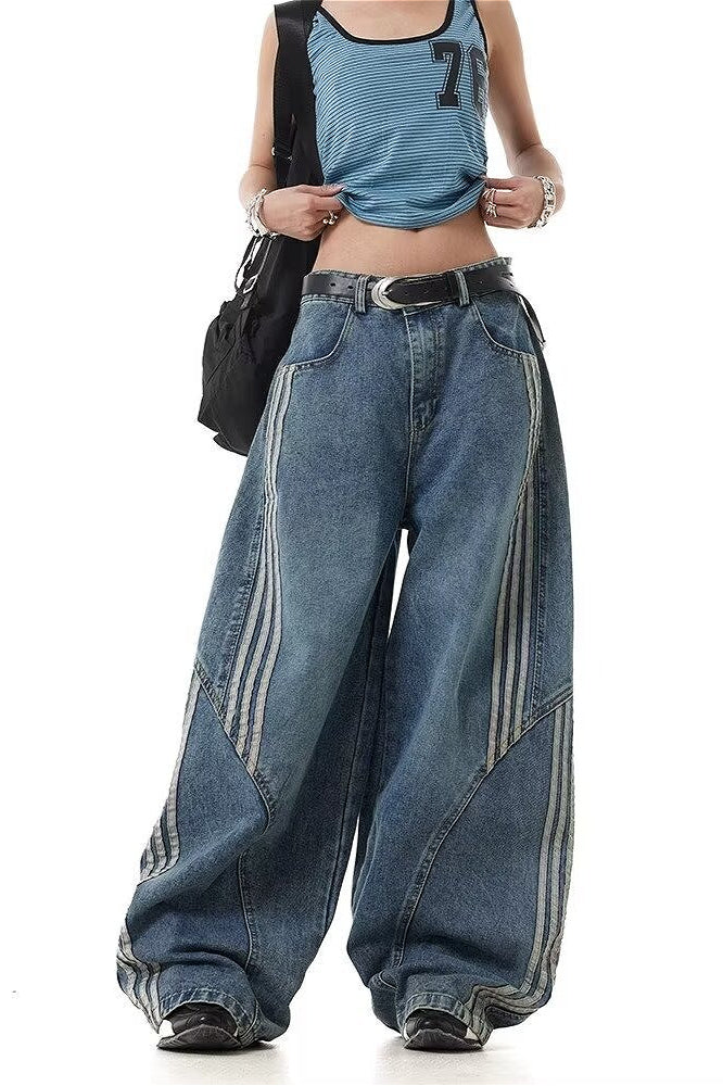 Deconstructed Stripe Panel Wide Leg Jeans