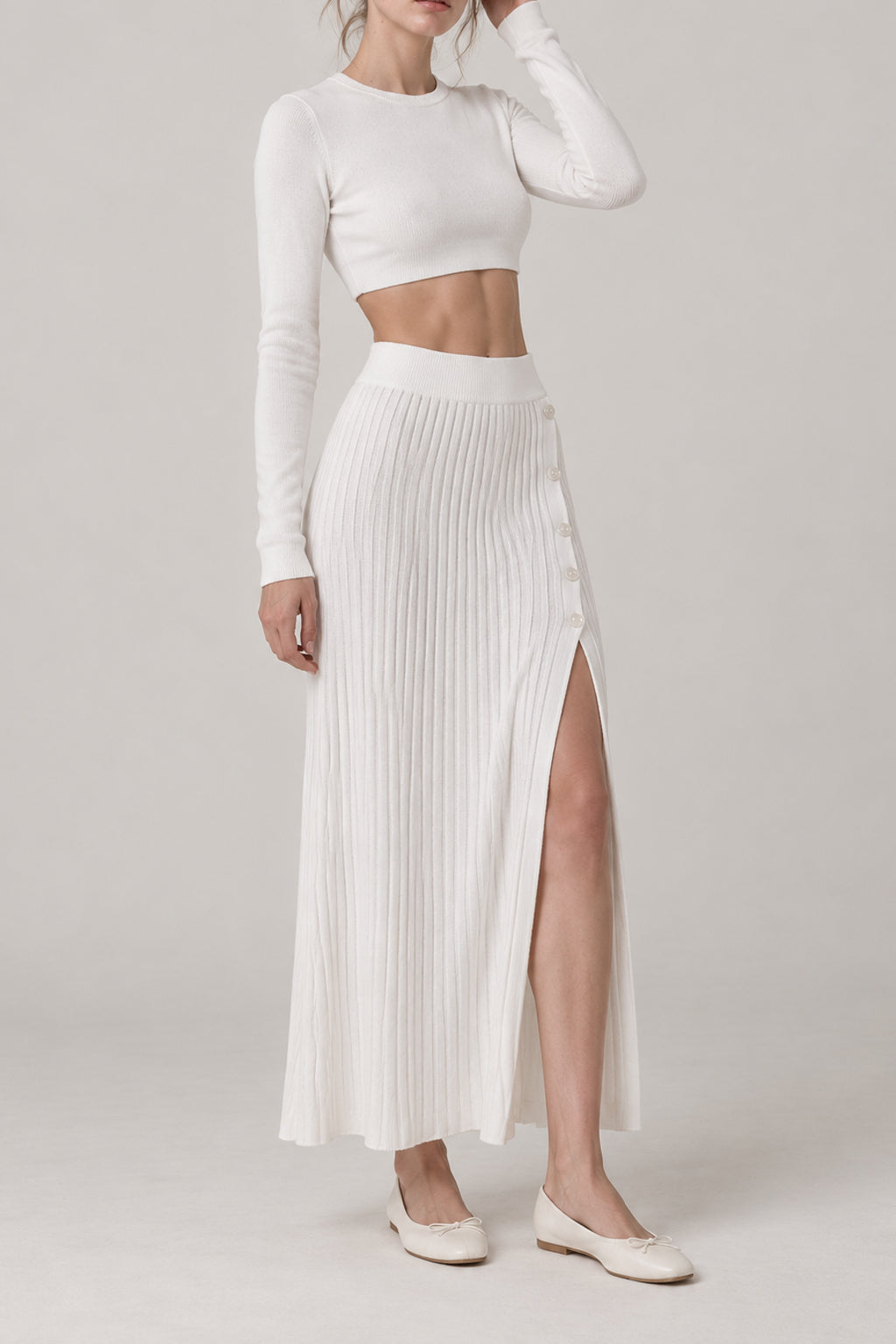 Knitted Crop Top & Buttoned Slit Midi Skirt Two Piece Set