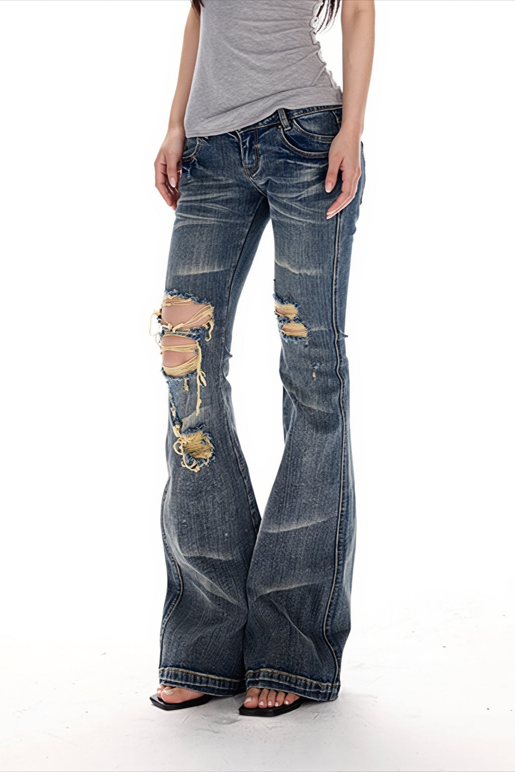 Distressed Ripped Low Rise Flare Jeans