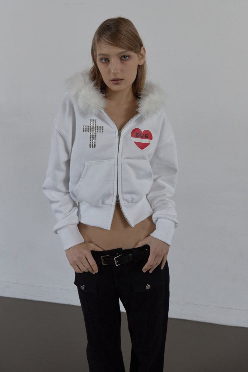 Rhinestone Cross Faux Fur Zip Front Hoodie