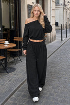 Casual Ribbed Off Shoulder Crop Sweatshirt Pants Set
