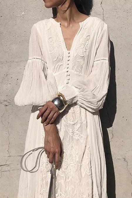 Vintage Lace Panel V-Neck Embroidered Boho Dress Main image