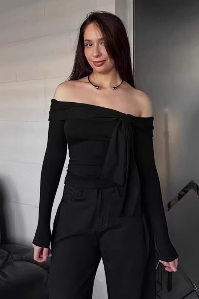 Off Shoulder Asymmetric Ribbed Long Sleeve Top Main image