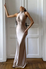 Chic Textured Slim Elegant Halter Waist Bodycon Formal Dress