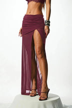 Double Layer Mesh Slit Ruched Maxi Skirt