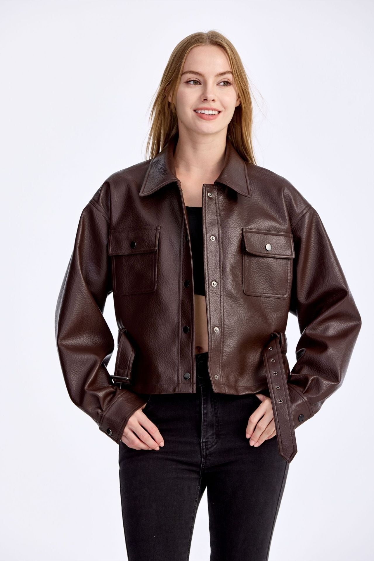 Cropped PU Notch Collar Jacket Secondary image
