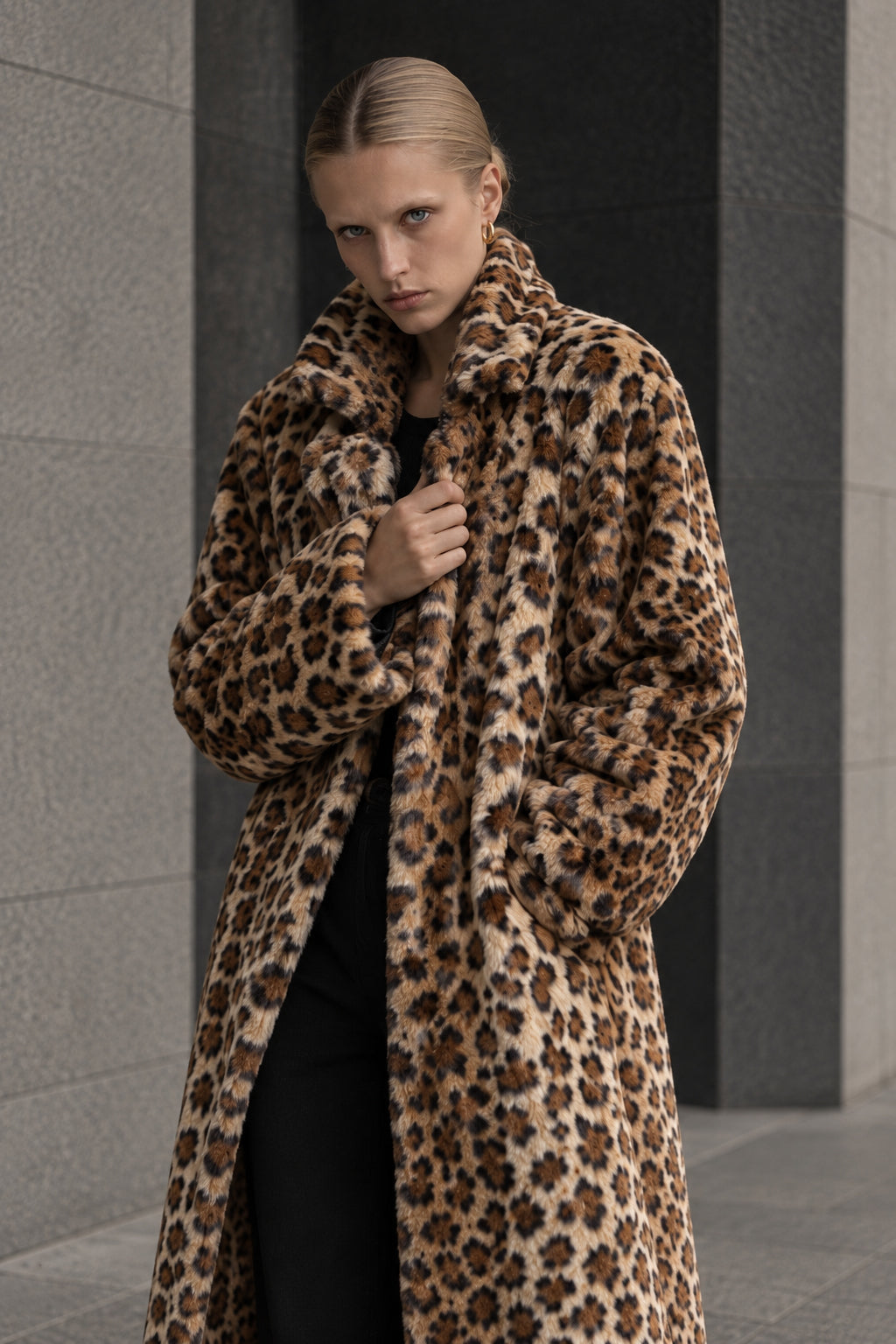 Leopard Print Notched Collar Longline Faux Fur Overcoat