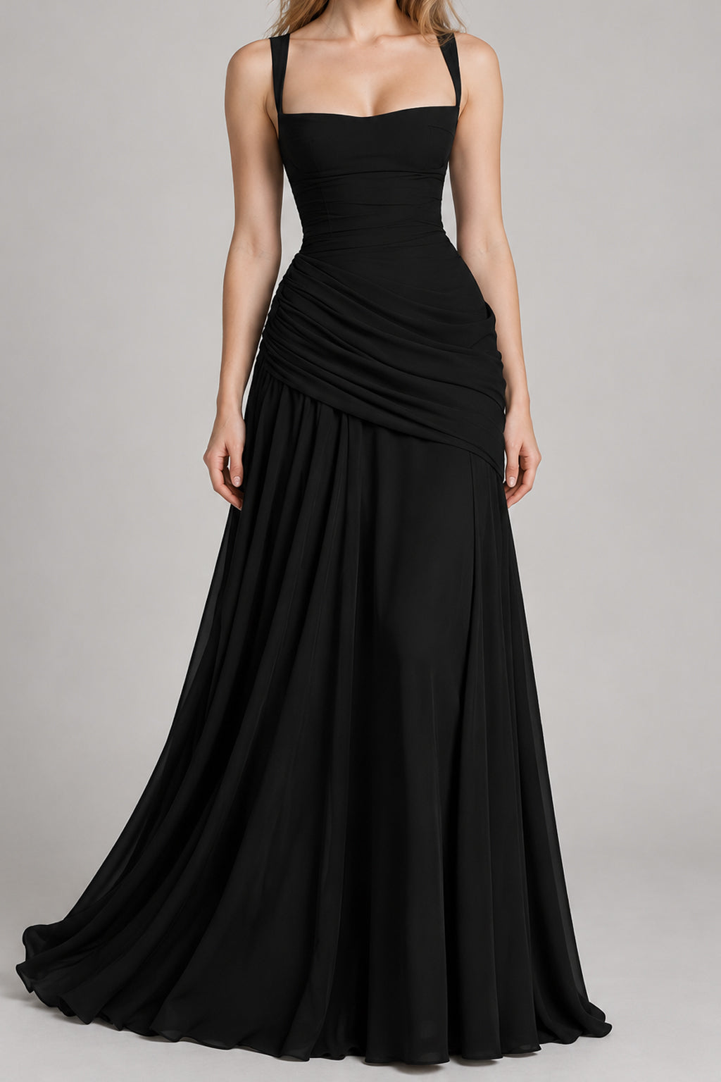 Square Neck Ruched Milk Silk Formal Dress