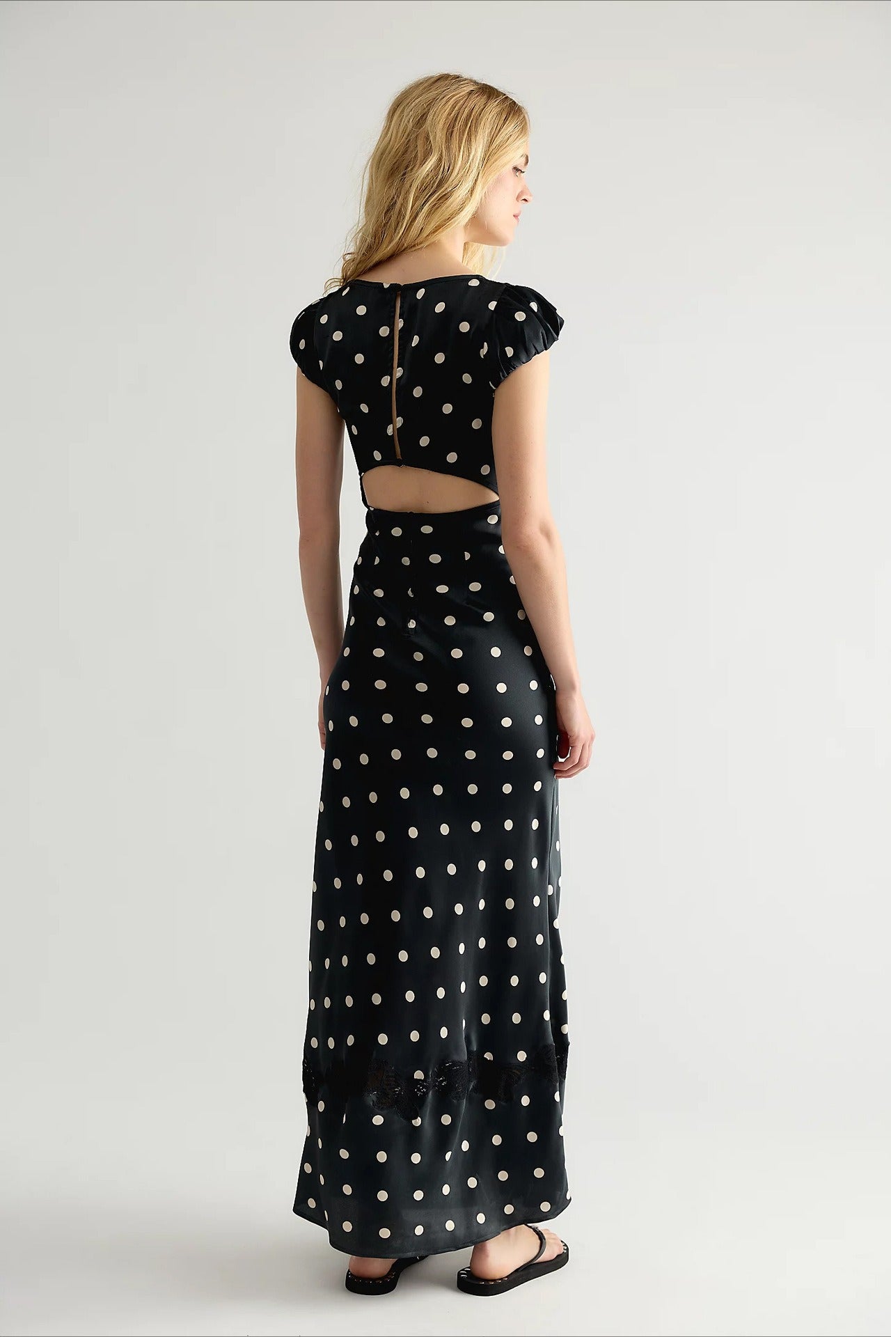 Polka Dot Lace Trim Cutout Maxi Dress