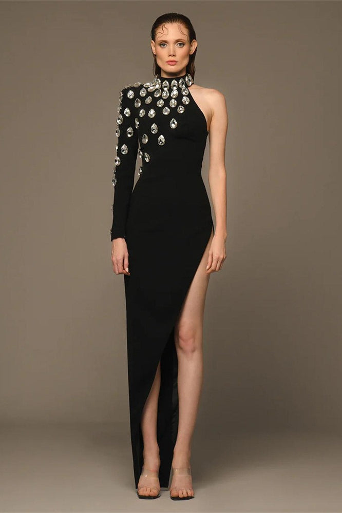 Rhinestone One Shoulder Long Sleeve Slit Bandage Cocktail Dress Main image