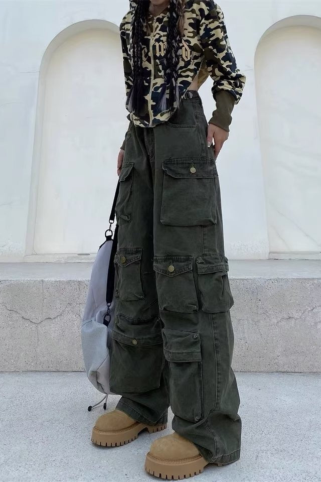 Street Style Multi-Pocket Wide Leg Cargo Straight Slim Pants Secondary image