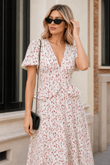 Elegant Puff Sleeve V Neck Slim Waist Long Floral Dress