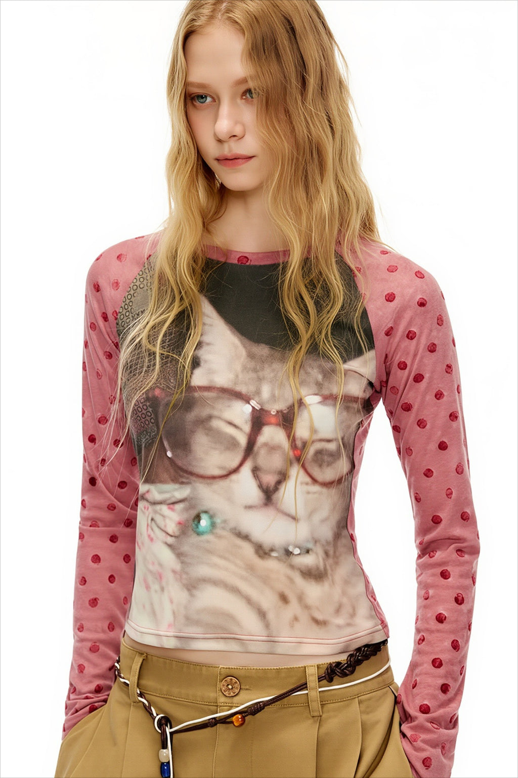 Cat Graphic Polka Dot Mesh Sleeve T-Shirt