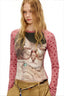 Cat Graphic Polka Dot Mesh Sleeve T-Shirt
