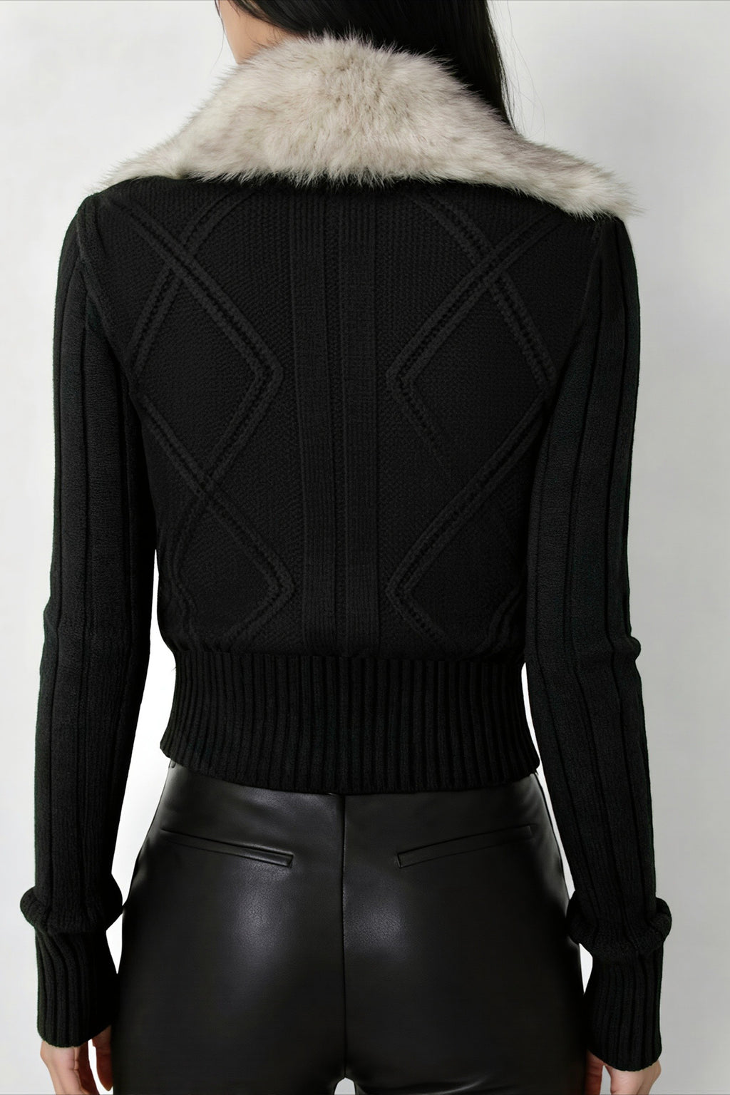 Faux Fur Collar Ribbed Zip Cardigan Sweater