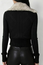 Faux Fur Collar Ribbed Zip Cardigan Sweater