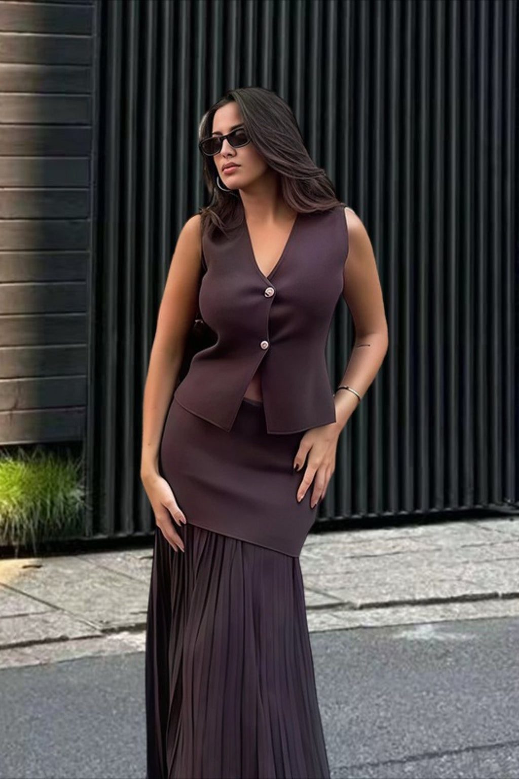Button Front Two Piece Knit Vest Skirt Set