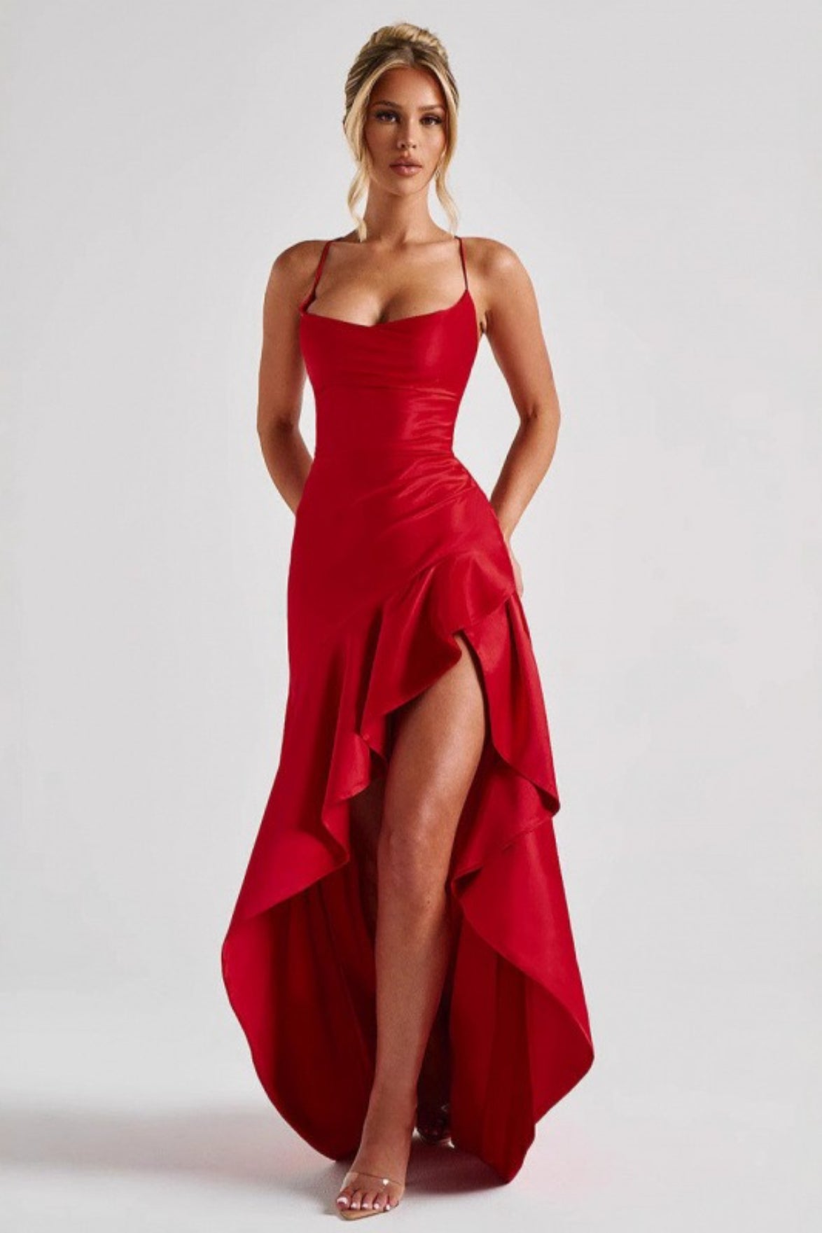 Spaghetti Strap Backless Ruffle Prom Dress Main image