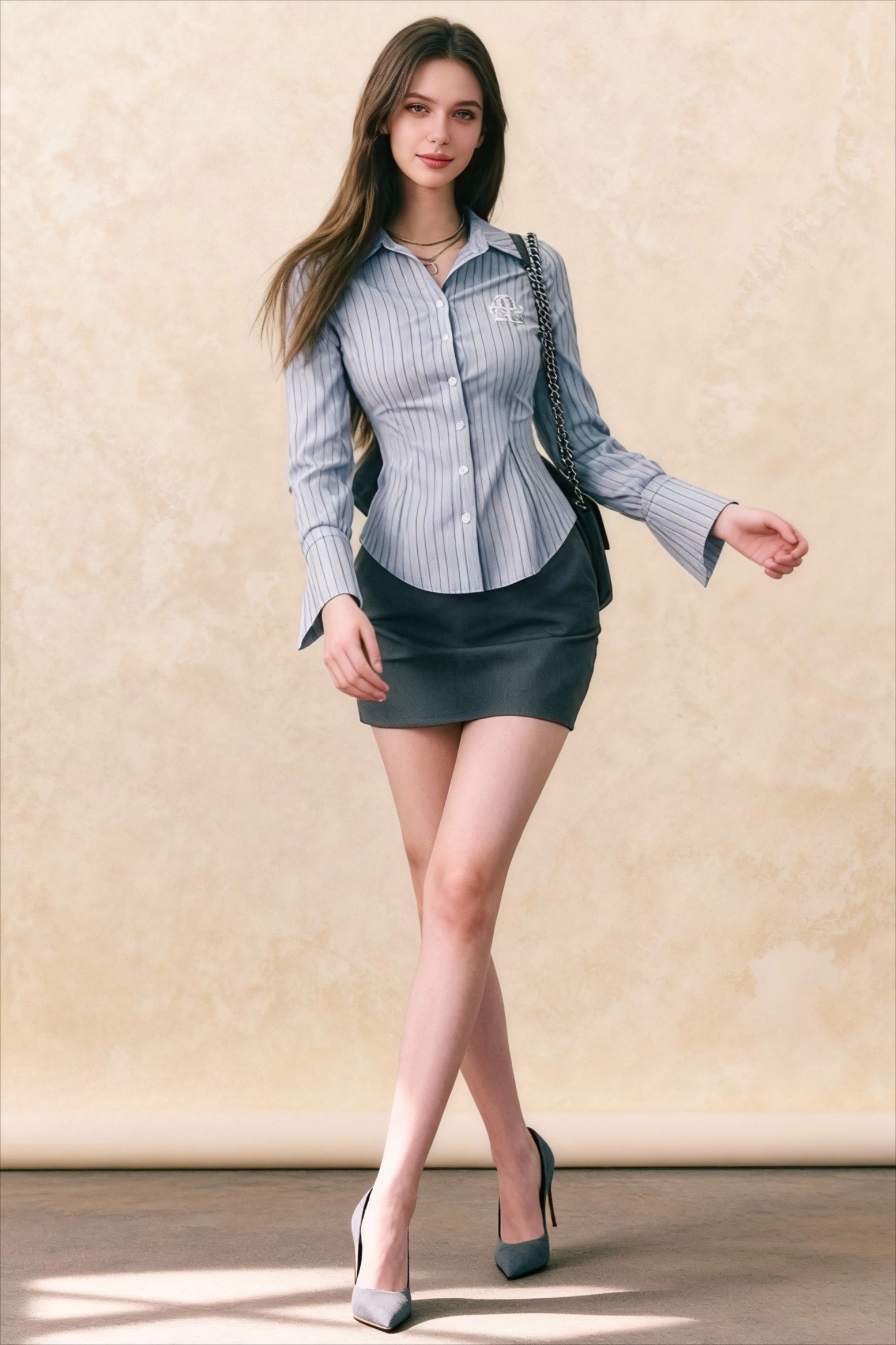 Embroidered Striped Slim Lapel Blouse Main image