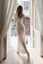Lace Ruffle V-Neck Fitted Long Sleeve Midi Dress